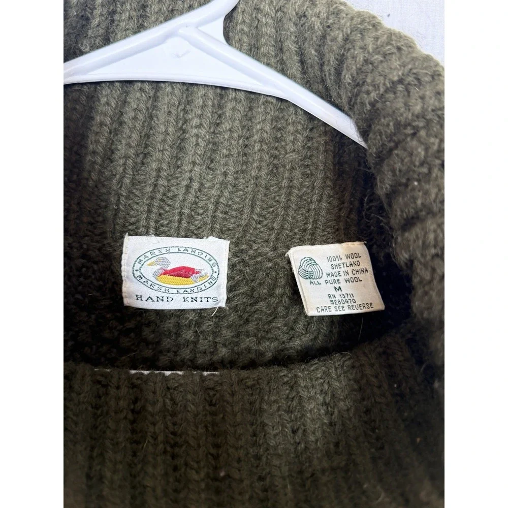 VTG Hand Knit Shetland Wool Cable Knit Turtleneck Sweater Womens M‎ Green Chunky